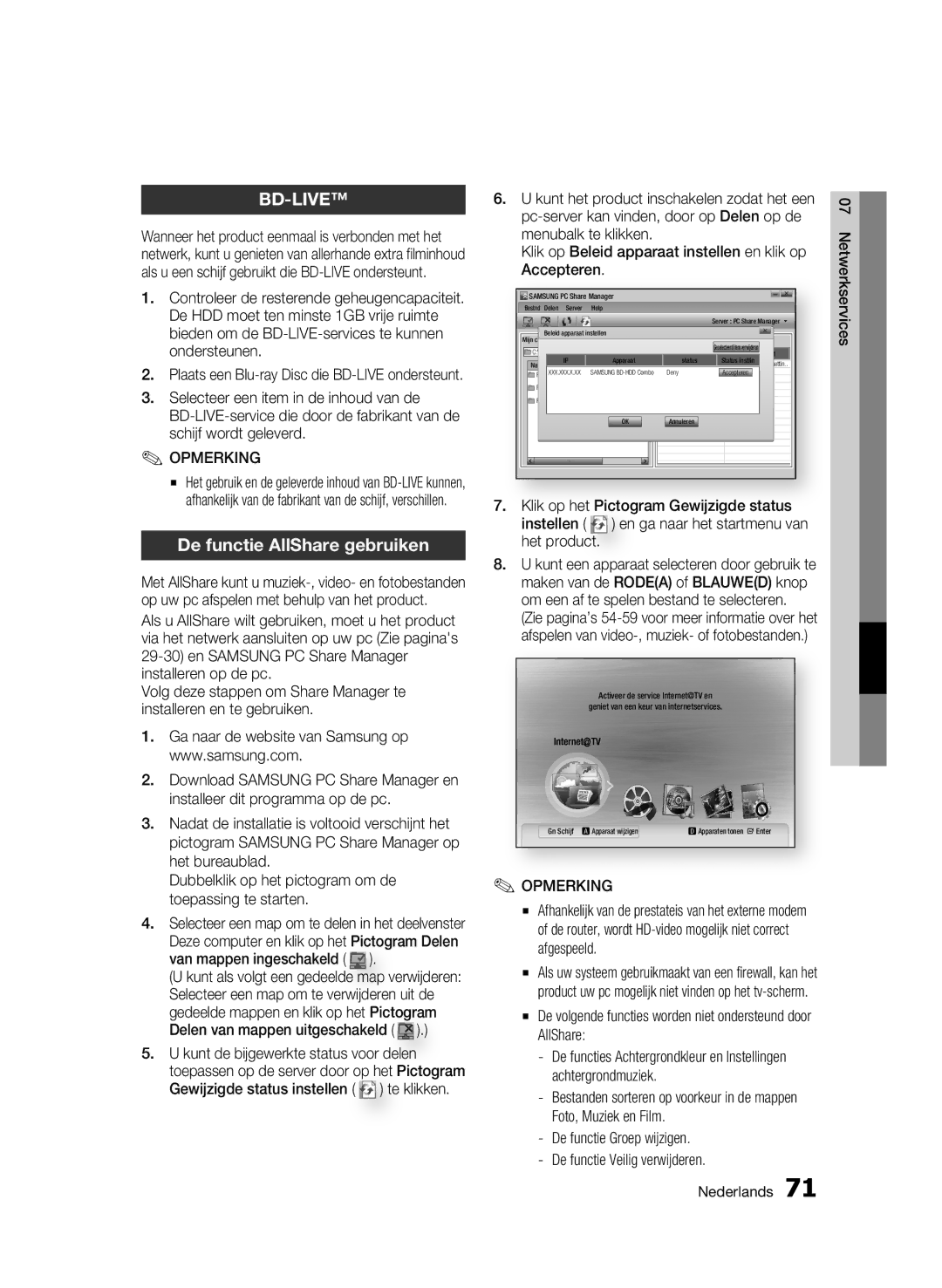 Samsung BD-C8500/XEF, BD-C8200/EDC, BD-C8500/EDC, BD-C8200/XEN, BD-C8500/XEN manual Bd-Live, De functie AllShare gebruiken 