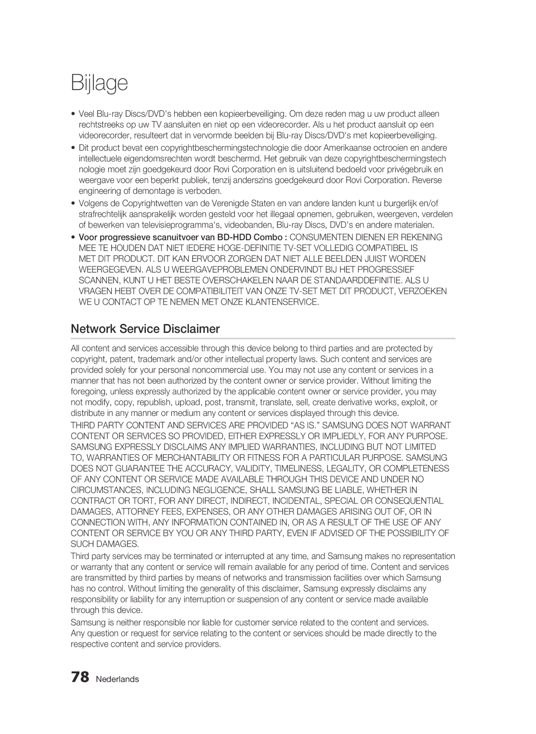 Samsung BD-C8200/EDC, BD-C8500/EDC, BD-C8200/XEN, BD-C8500/XEN, BD-C8200/XEF, BD-C8500/XEF manual Network Service Disclaimer 