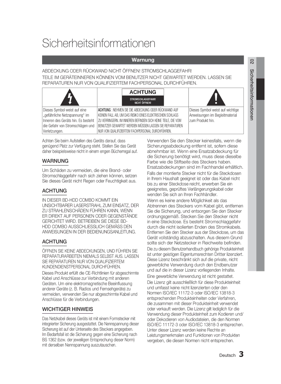 Samsung BD-C8500/XEN manual Sicherheitsinformationen, Warnung, Abdeckung Oder Rückwand Nicht ÖFFNEN! Stromschlaggefahr 