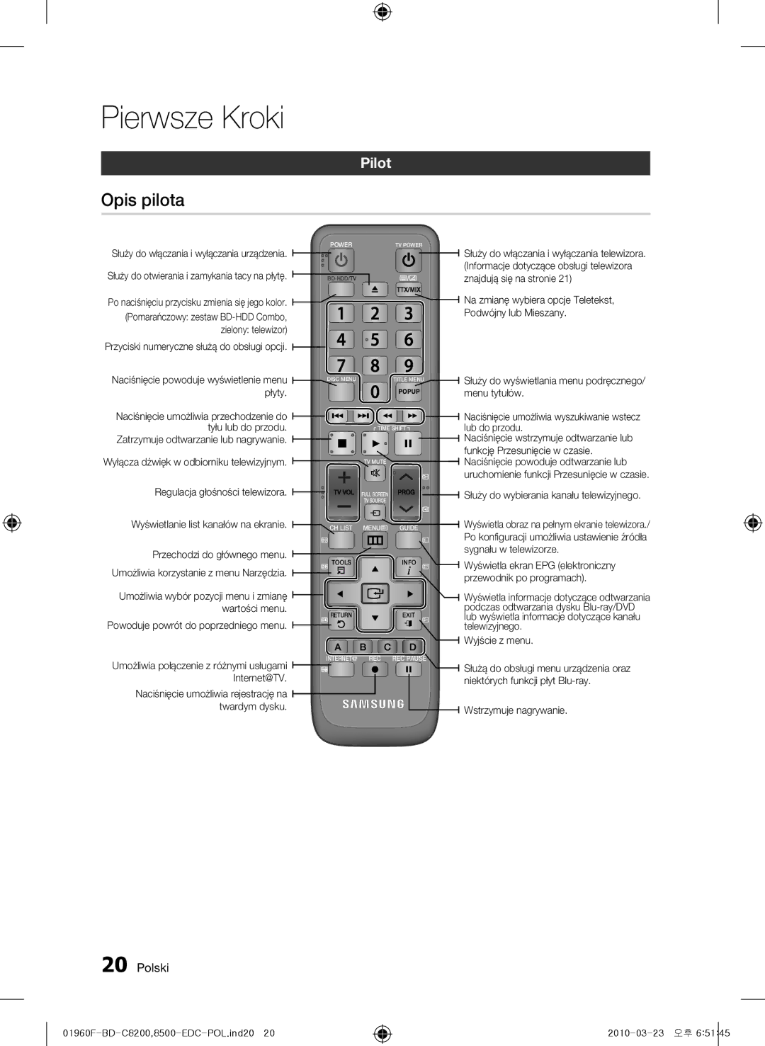 Samsung BD-C8500/EDC, BD-C8200/EDC, BD-C8200/XEN, BD-C8500/XEN, BD-C8200/XEF, BD-C8500/XEF manual Opis pilota, Pilot 