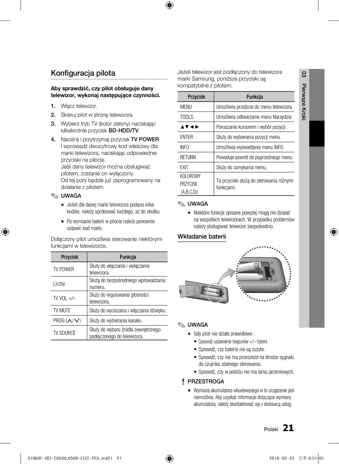 Samsung BD-C8200/XEN, BD-C8200/EDC, BD-C8500/EDC, BD-C8500/XEN manual Konfiguracja pilota, Wkładanie baterii, Przestroga 