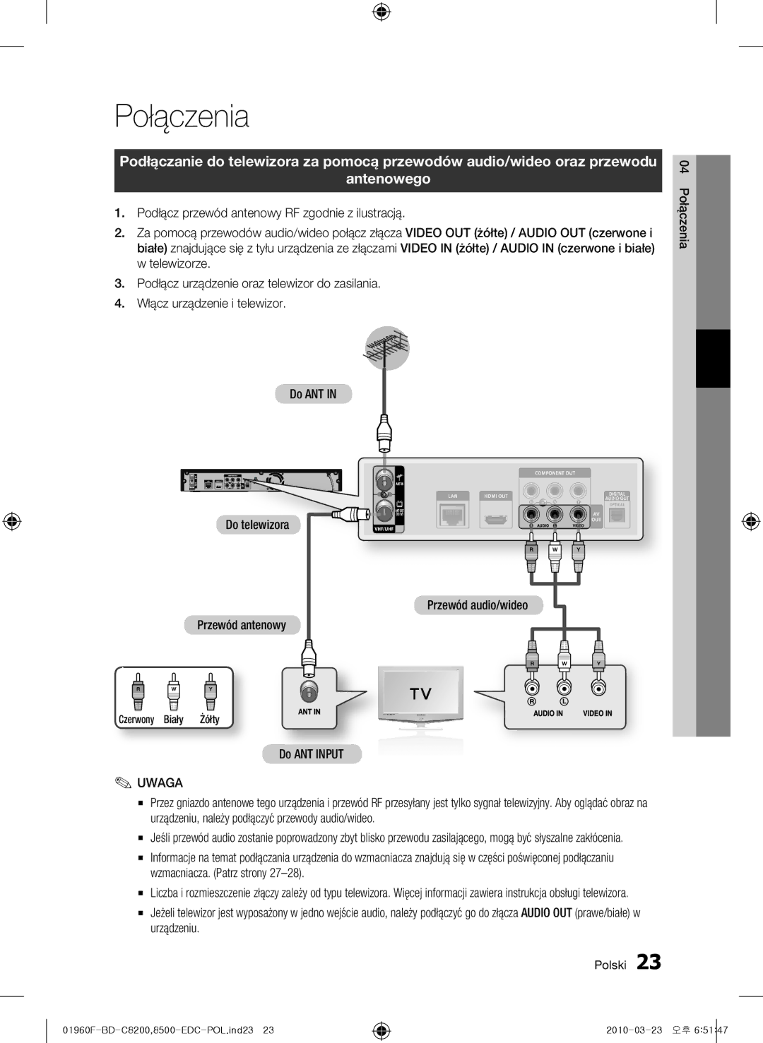 Samsung BD-C8200/XEF, BD-C8200/EDC, BD-C8500/EDC, BD-C8200/XEN, BD-C8500/XEN Połączenia, Do ANT Input, Czerwony Biały Żółty 