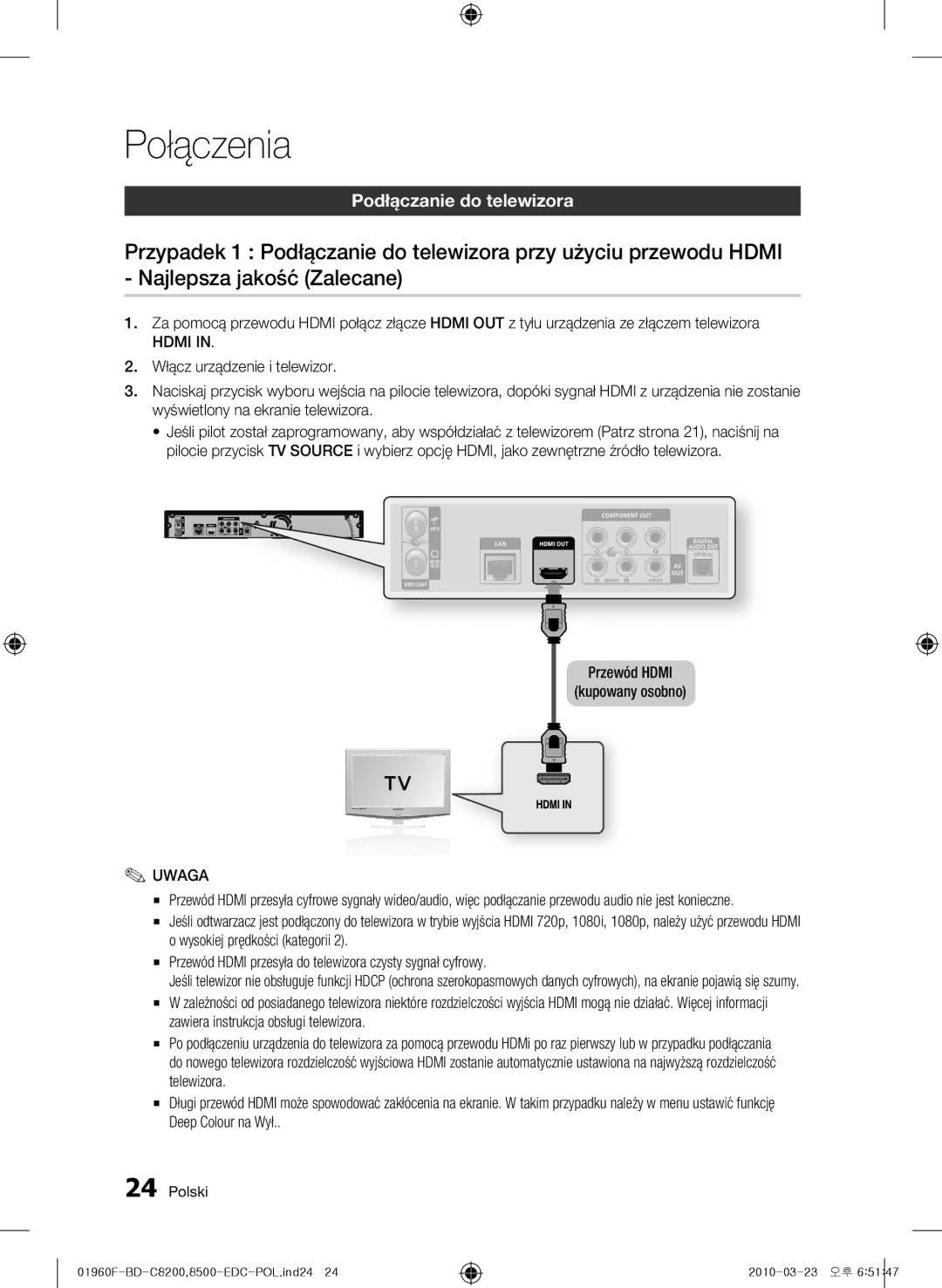 Samsung BD-C8500/XEF, BD-C8200/EDC, BD-C8500/EDC, BD-C8200/XEN manual Podłączanie do telewizora, Przewód Hdmi Kupowany osobno 