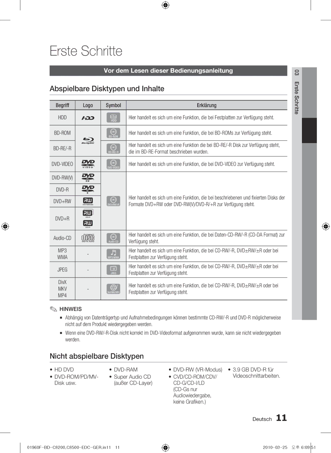 Samsung BD-C8500/XEF, BD-C8200/EDC manual Erste Schritte, Abspielbare Disktypen und Inhalte, Nicht abspielbare Disktypen 