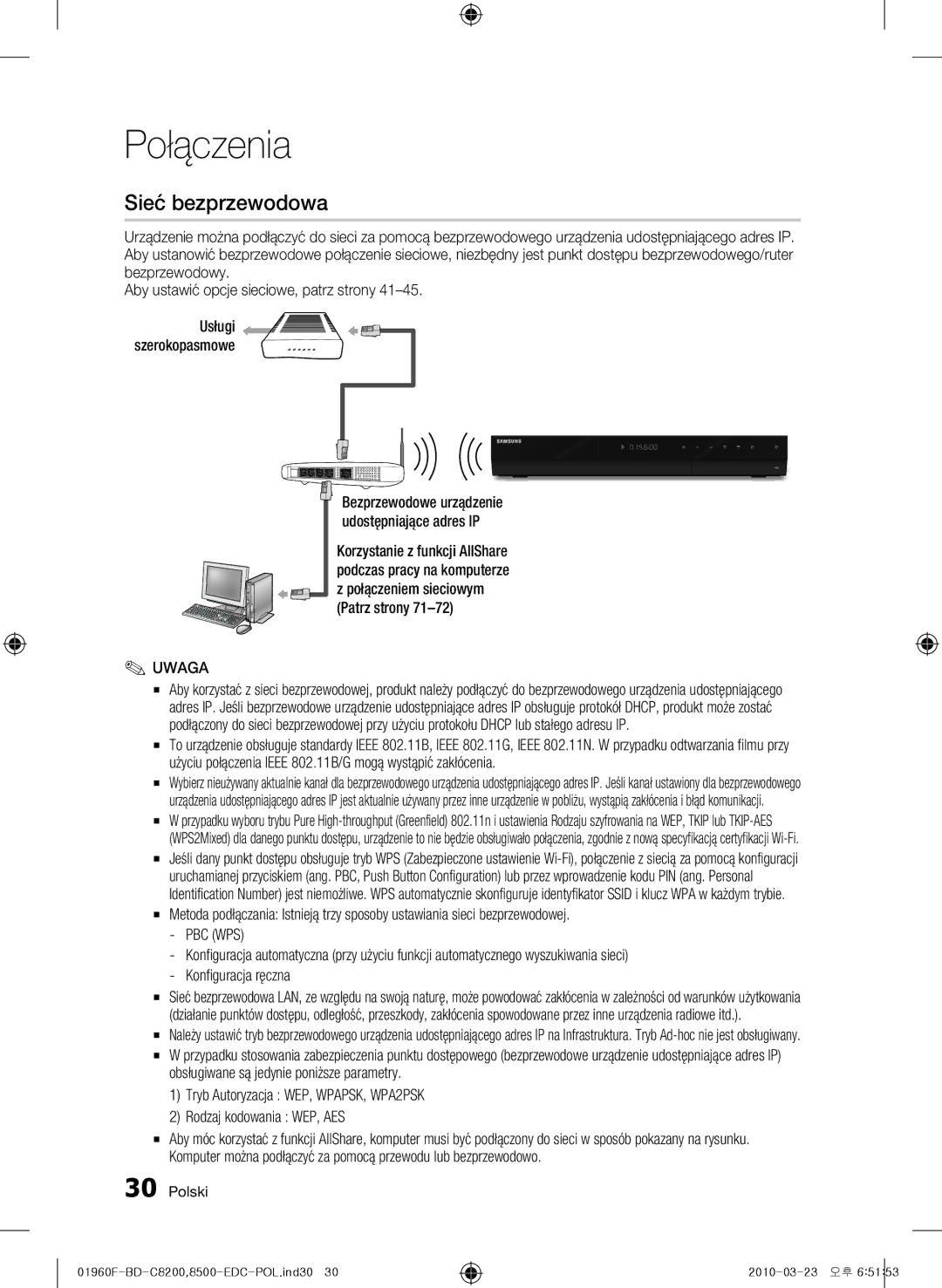 Samsung BD-C8500/XEF, BD-C8200/EDC manual Sieć bezprzewodowa, Bezprzewodowe urządzenie, Patrz strony, Usługi szerokopasmowe 