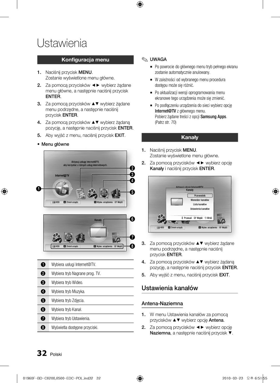 Samsung BD-C8500/EDC, BD-C8200/EDC, BD-C8200/XEN manual Ustawienia kanałów, Konfiguracja menu, Kanały, Antena-Naziemna 