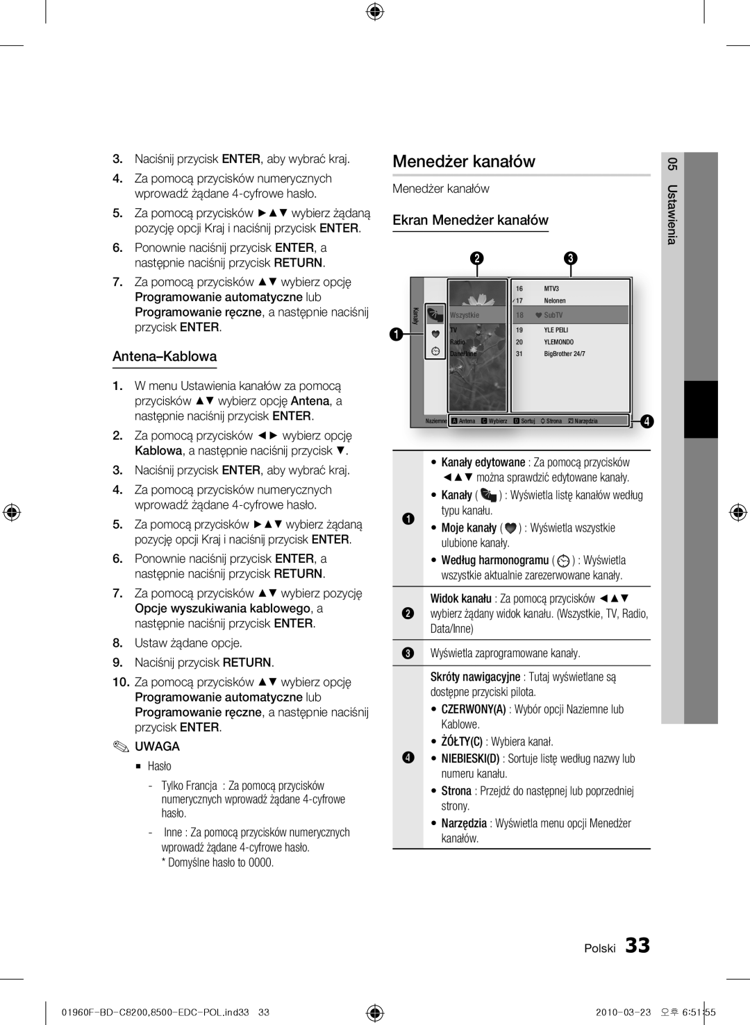 Samsung BD-C8200/XEN, BD-C8200/EDC, BD-C8500/EDC, BD-C8500/XEN, BD-C8200/XEF manual Ekran Menedżer kanałów, Antena-Kablowa 