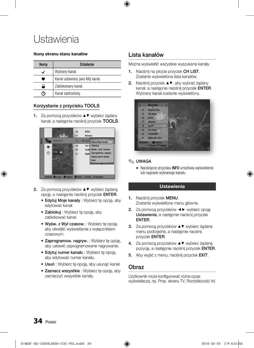 Samsung BD-C8500/XEN manual Lista kanałów, Obraz, Korzystanie z przycisku Tools, Ustawienia, Ikony ekranu stanu kanałów 