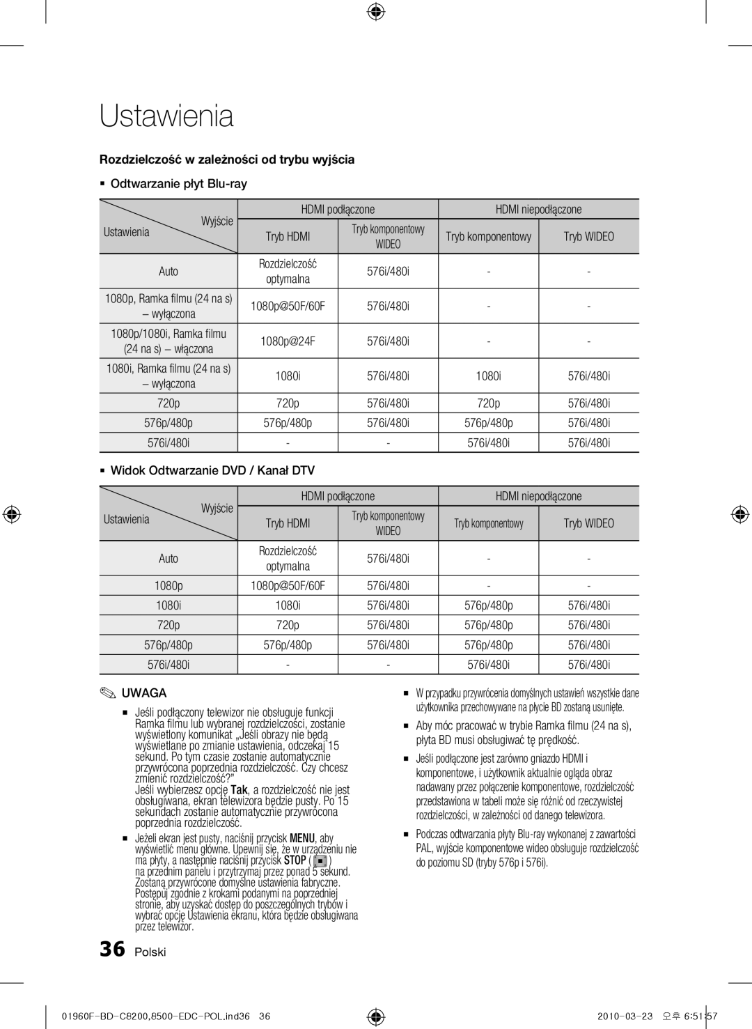 Samsung BD-C8500/XEF, BD-C8200/EDC manual Rozdzielczość w zależności od trybu wyjścia, Płyta BD musi obsługiwać tę prędkość 