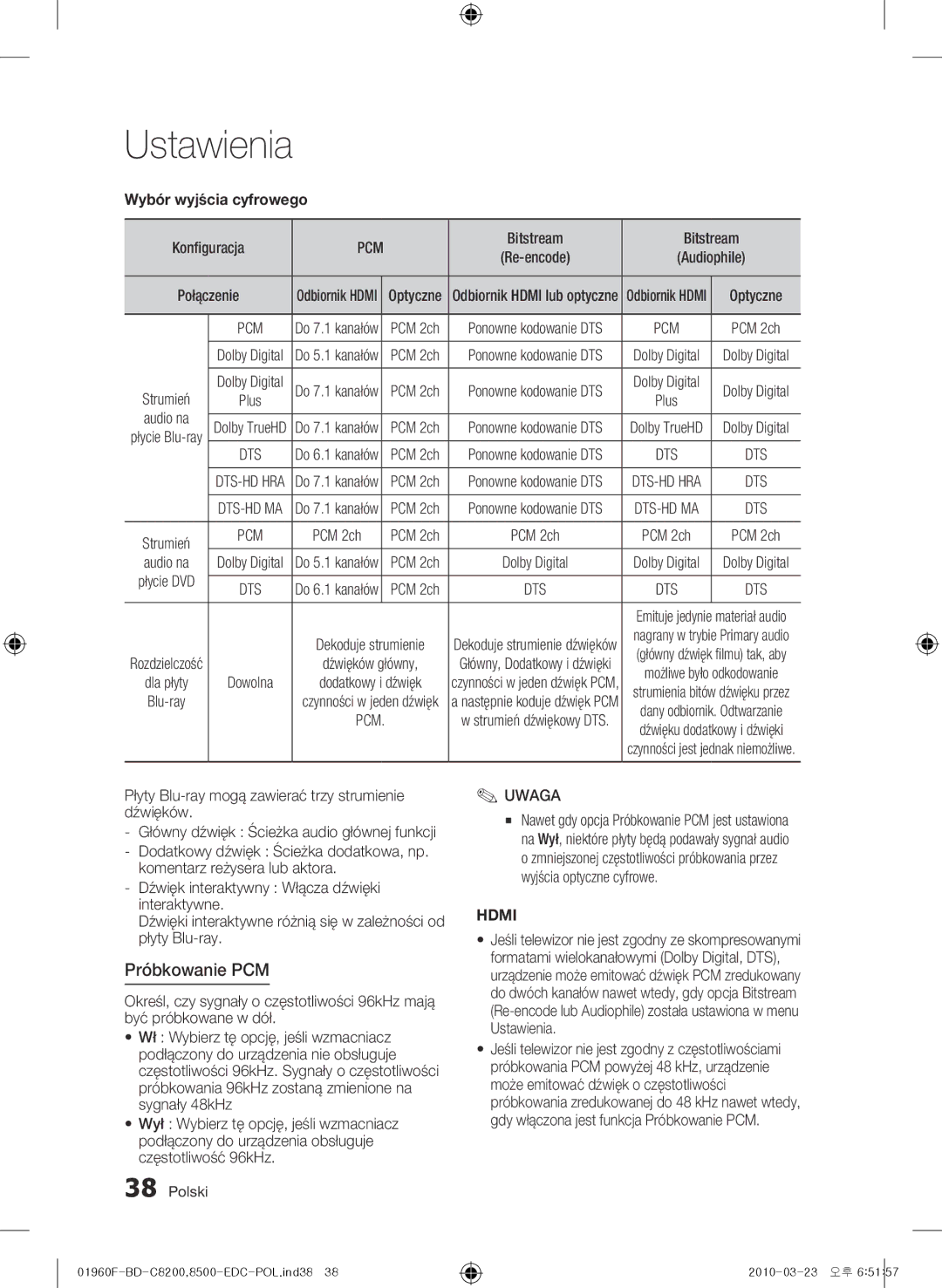 Samsung BD-C8500/EDC, BD-C8200/EDC manual Próbkowanie PCM, Wybór wyjścia cyfrowego, Konfiguracja, Bitstream, Audio na 