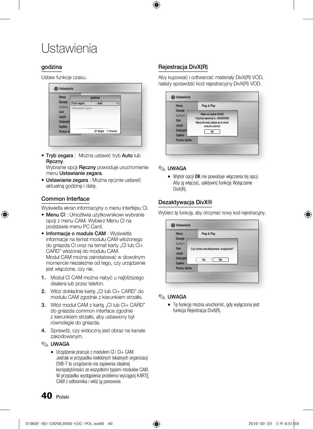 Samsung BD-C8500/XEN, BD-C8200/EDC, BD-C8500/EDC manual Godzina, Common Interface, Rejestracja DivXR, Dezaktywacja DivX 