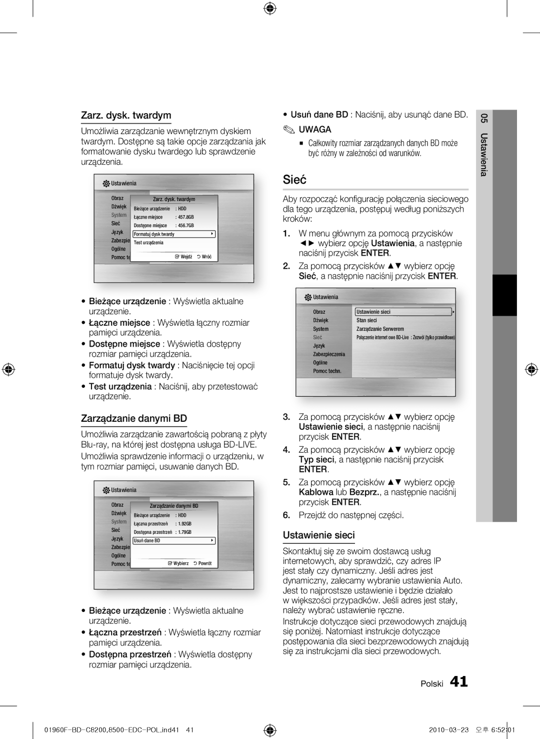 Samsung BD-C8200/XEF, BD-C8200/EDC, BD-C8500/EDC manual Sieć, Zarz. dysk. twardym, Zarządzanie danymi BD, Ustawienie sieci 