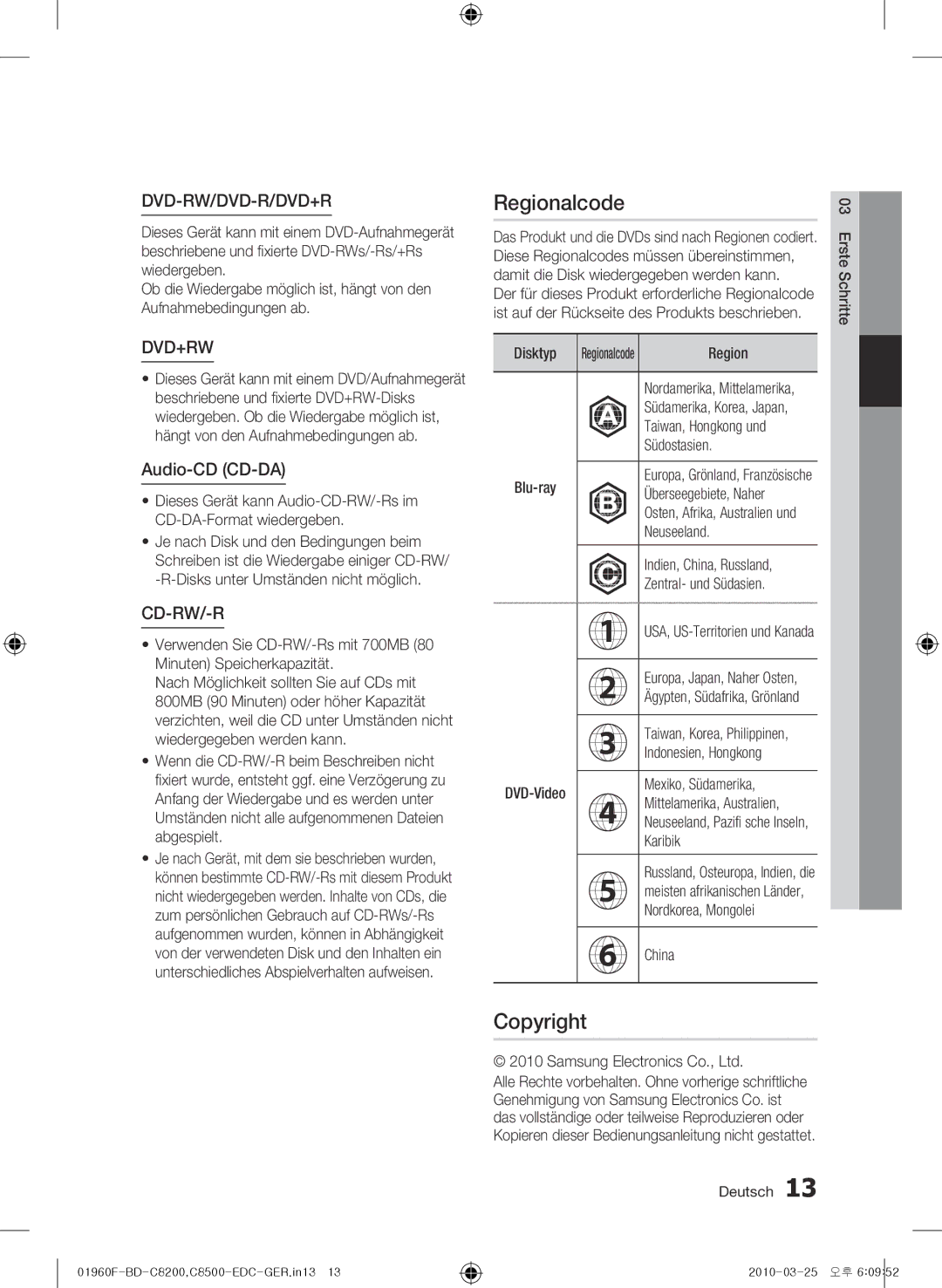 Samsung BD-C8500/EDC, BD-C8200/EDC, BD-C8200/XEN, BD-C8500/XEN, BD-C8200/XEF manual Regionalcode, Copyright, Audio-CD CD-DA 