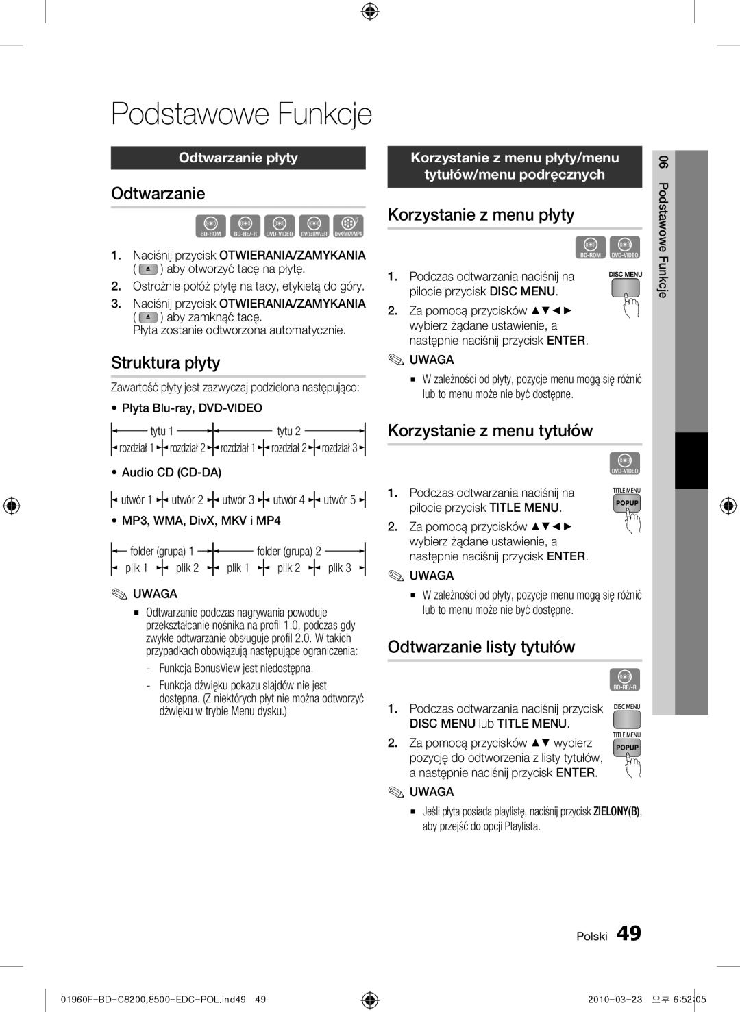 Samsung BD-C8200/EDC, BD-C8500/EDC manual Odtwarzanie, Struktura płyty, Korzystanie z menu płyty, Korzystanie z menu tytułów 