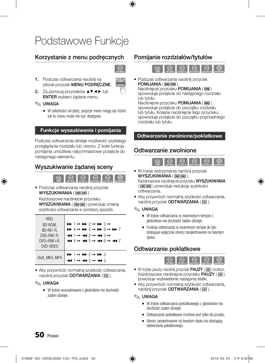 Samsung BD-C8500/EDC, BD-C8200/EDC, BD-C8200/XEN, BD-C8500/XEN, BD-C8200/XEF, BD-C8500/XEF manual Podstawowe Funkcje 