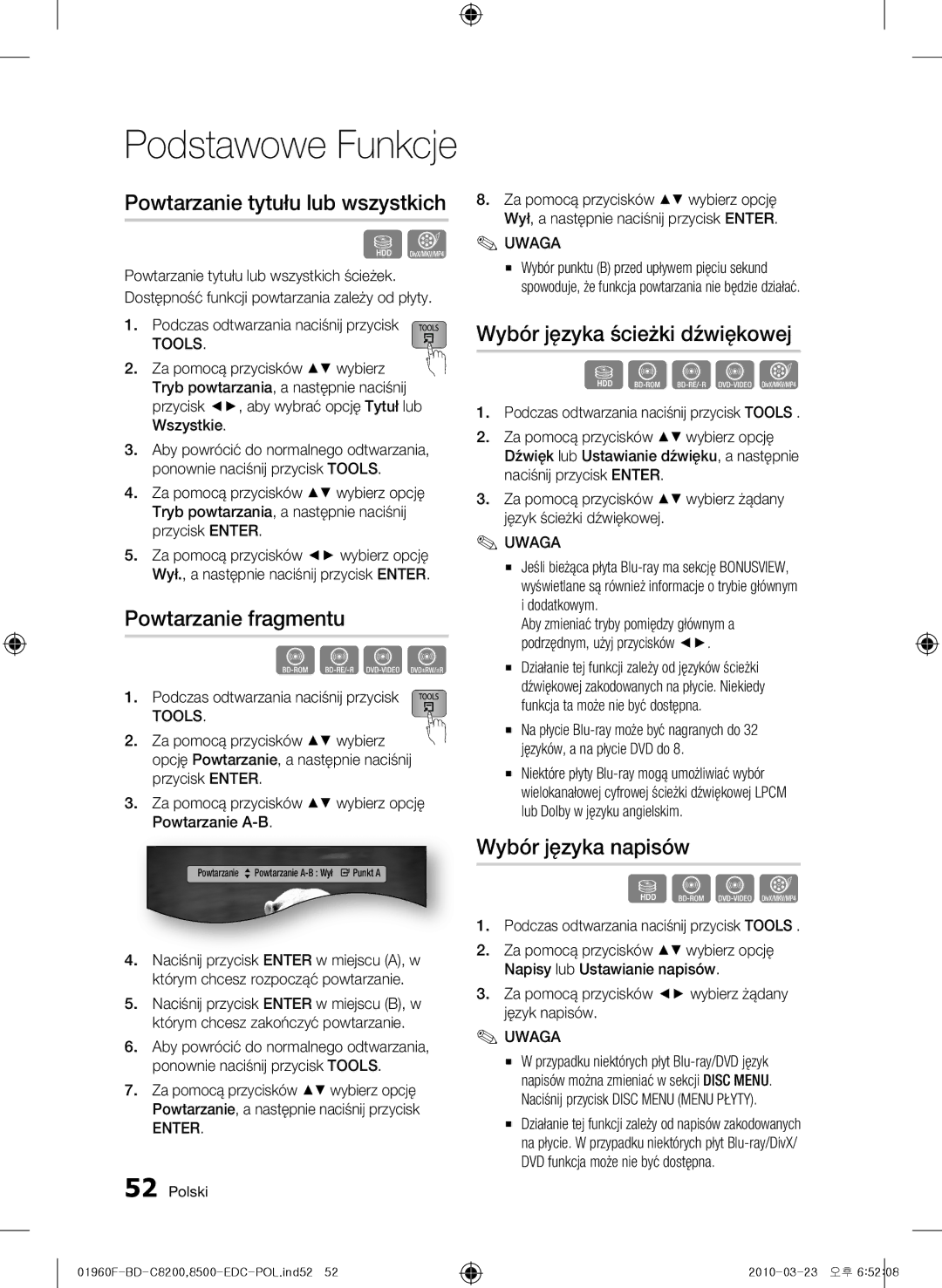 Samsung BD-C8500/XEN manual Powtarzanie tytułu lub wszystkich, Powtarzanie fragmentu, Wybór języka ścieżki dźwiękowej 