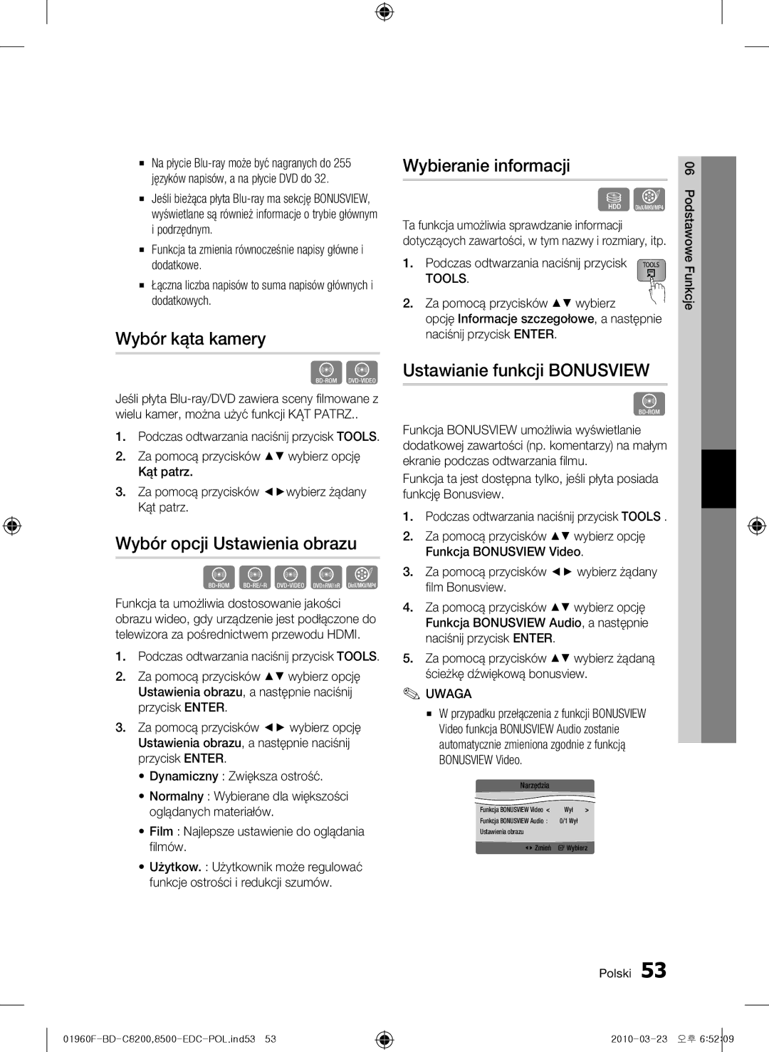 Samsung BD-C8200/XEF Wybór kąta kamery, Wybór opcji Ustawienia obrazu, Wybieranie informacji, Ustawianie funkcji Bonusview 