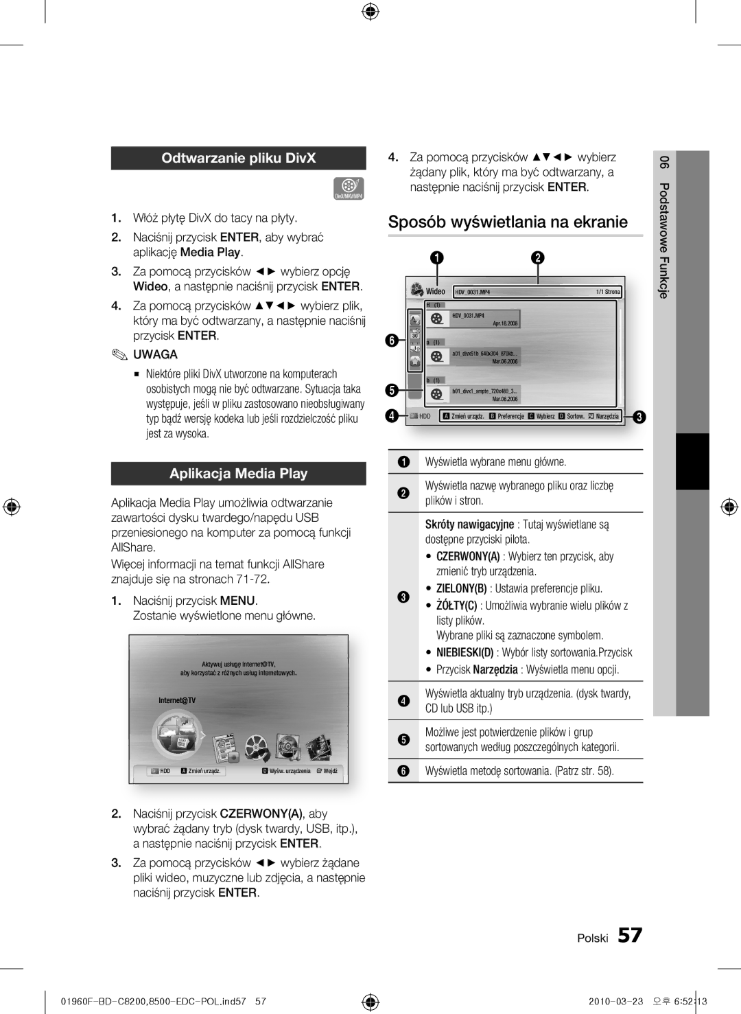 Samsung BD-C8200/XEN manual Sposób wyświetlania na ekranie, Odtwarzanie pliku DivX, Aplikacja Media Play, Plików i stron 