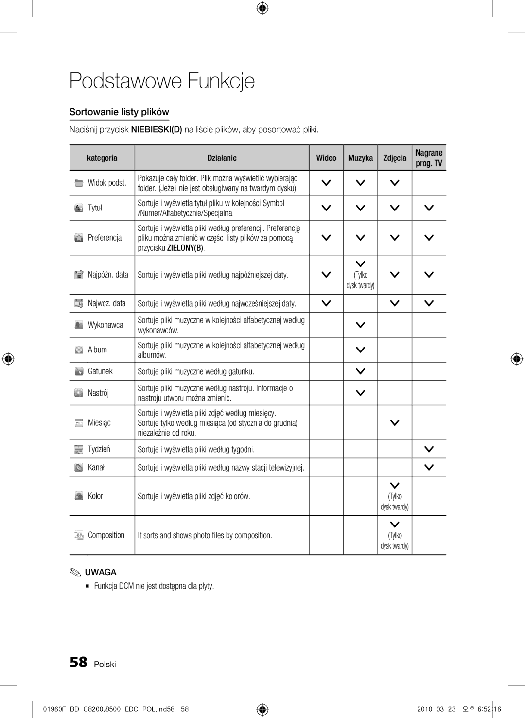 Samsung BD-C8500/XEN, BD-C8200/EDC, BD-C8500/EDC, BD-C8200/XEN, BD-C8200/XEF, BD-C8500/XEF manual Sortowanie listy plików 