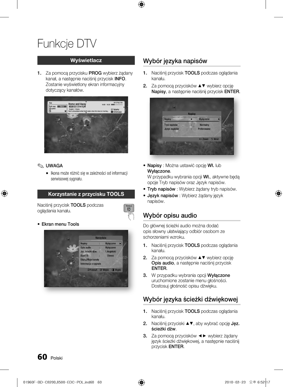 Samsung BD-C8500/XEF manual Funkcje DTV, Wybór opisu audio, Wyświetlacz, Naciśnij przycisk Tools podczas oglądania kanału 