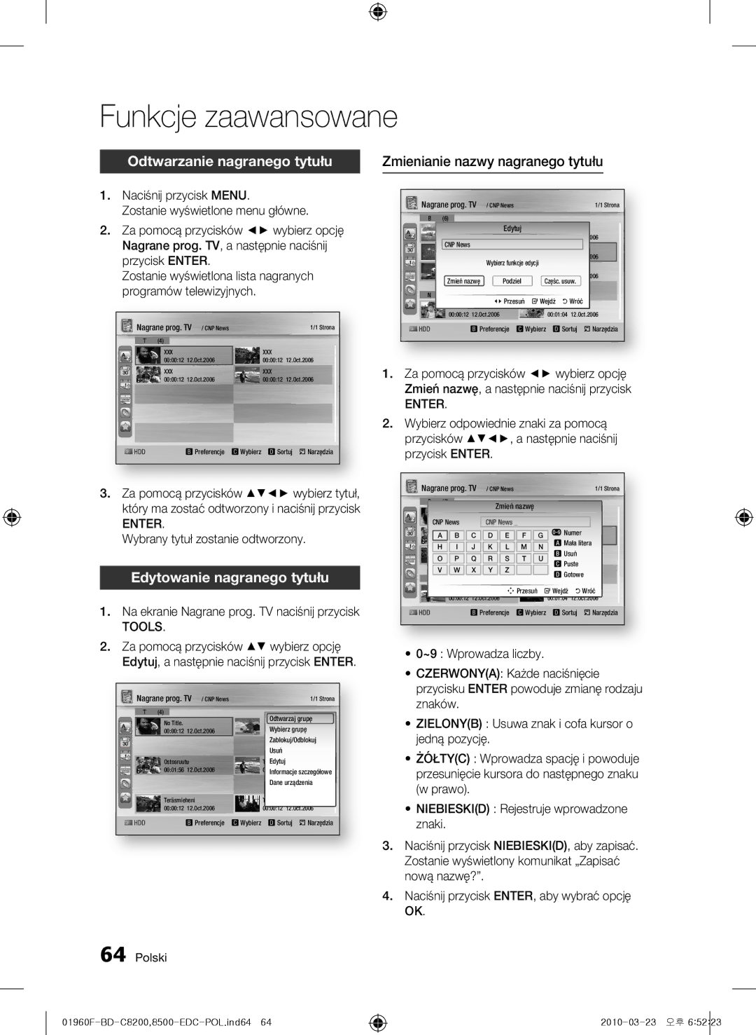 Samsung BD-C8500/XEN manual Odtwarzanie nagranego tytułu, Edytowanie nagranego tytułu, Zmienianie nazwy nagranego tytułu 