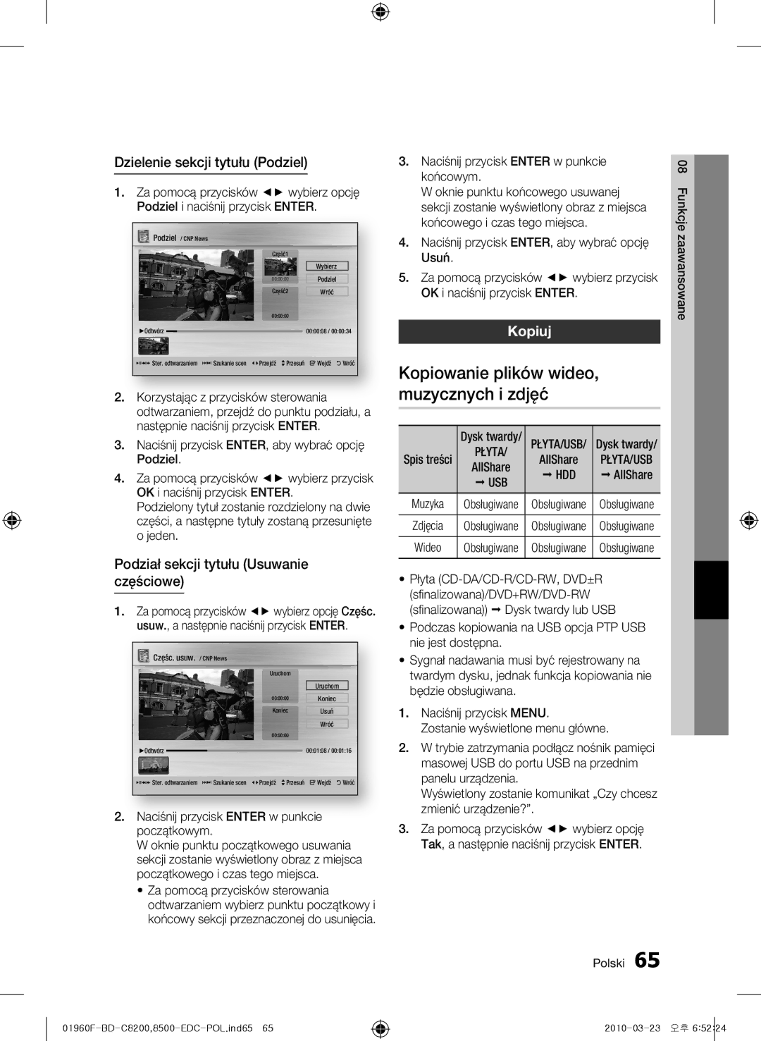 Samsung BD-C8200/XEF Kopiowanie plików wideo, muzycznych i zdjęć, Dzielenie sekcji tytułu Podziel, Częściowe, Kopiuj, Usb 