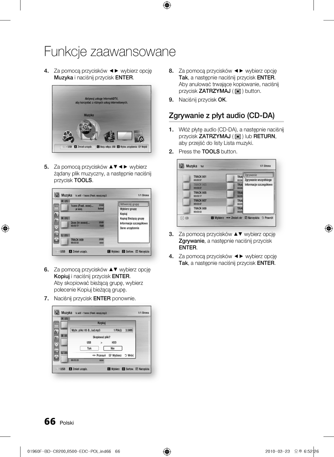 Samsung BD-C8500/XEF Zgrywanie z płyt audio CD-DA, Muzyka i naciśnij przycisk Enter, Naciśnij przycisk OK, MusicMuzyka 