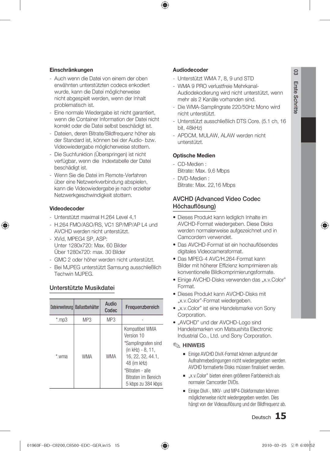 Samsung BD-C8500/XEN, BD-C8200/EDC, BD-C8500/EDC manual Unterstützte Musikdatei, Avchd Advanced Video Codec Höchauflösung 