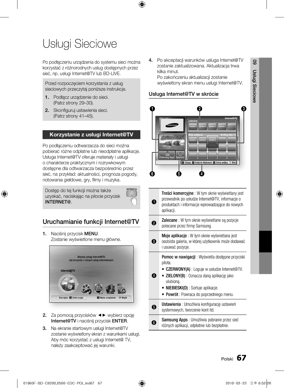 Samsung BD-C8200/EDC, BD-C8500/EDC Usługi Sieciowe, Uruchamianie funkcji Internet@TV, Korzystanie z usługi Internet@TV 