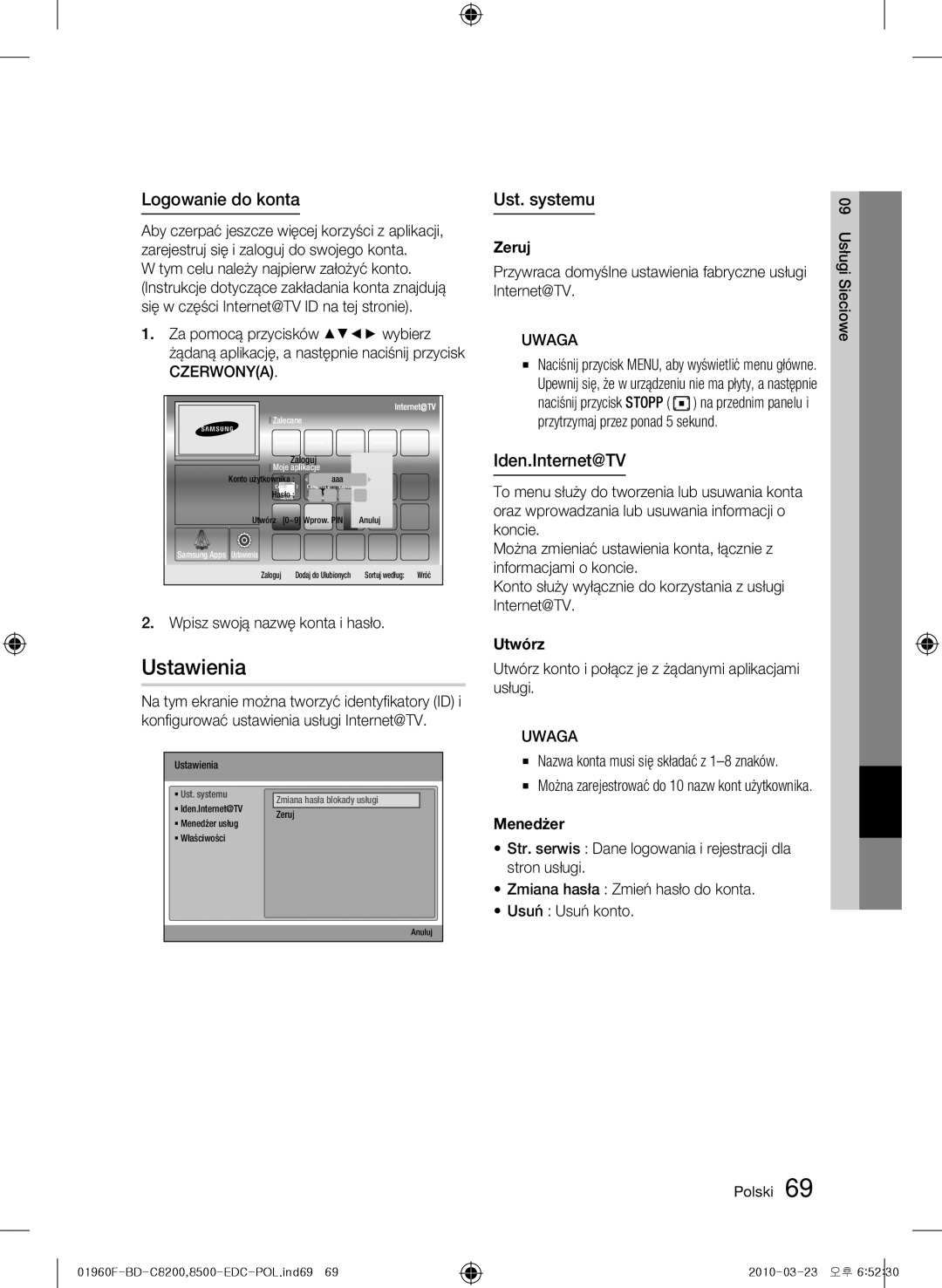 Samsung BD-C8200/XEN, BD-C8200/EDC, BD-C8500/EDC manual Ustawienia, Logowanie do konta, Ust. systemu, Iden.Internet@TV 