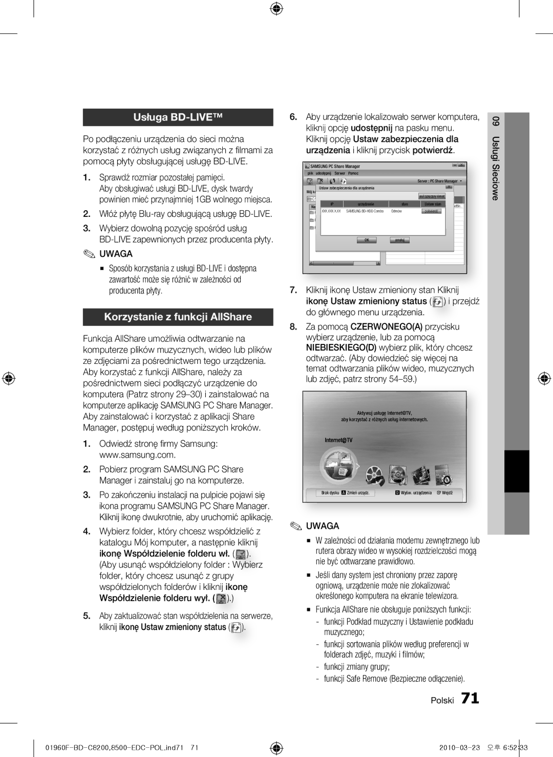 Samsung BD-C8200/XEF, BD-C8200/EDC manual Usługa BD-LIVE, Korzystanie z funkcji AllShare, Sprawdź rozmiar pozostałej pamięci 