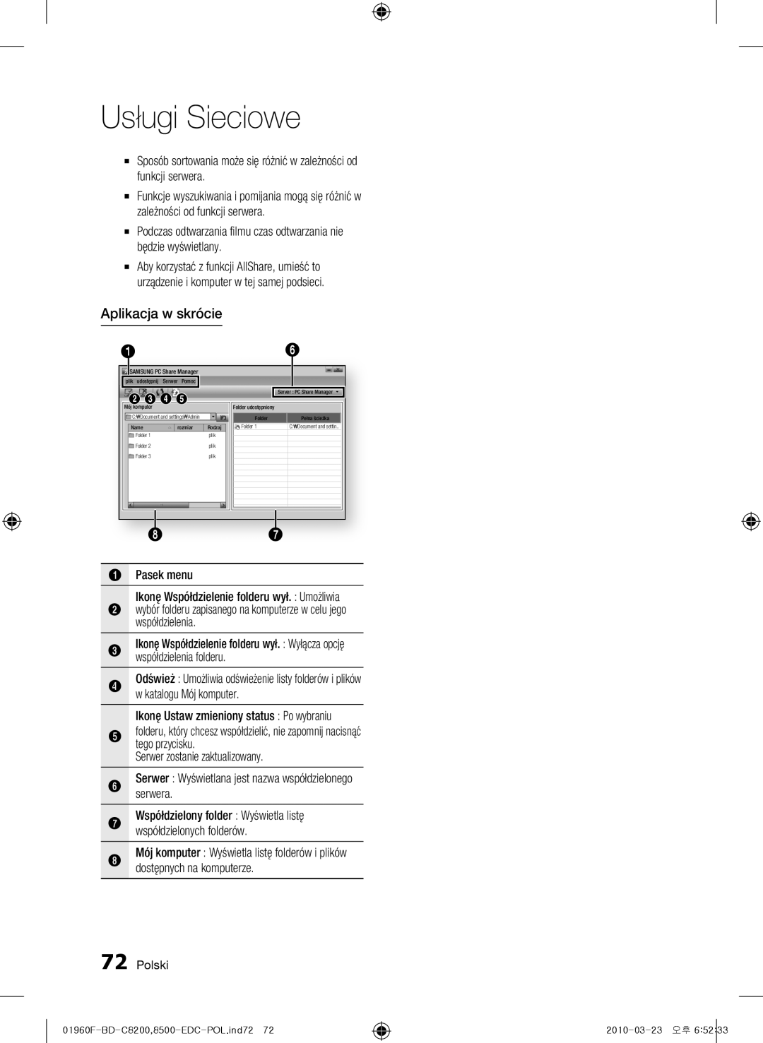 Samsung BD-C8500/XEF, BD-C8200/EDC manual Aplikacja w skrócie, Pasek menu Ikonę Współdzielenie folderu wył. Umożliwia 