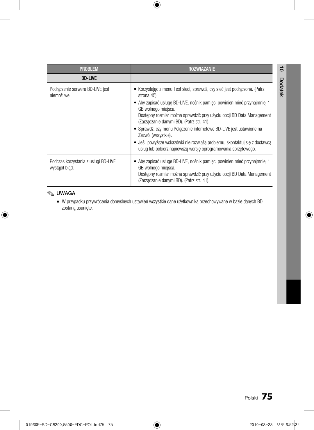 Samsung BD-C8200/XEN manual Niemożliwe Strona, GB wolnego miejsca, Zarządzanie danymi BD. Patrz str, Zezwól wszystkie 