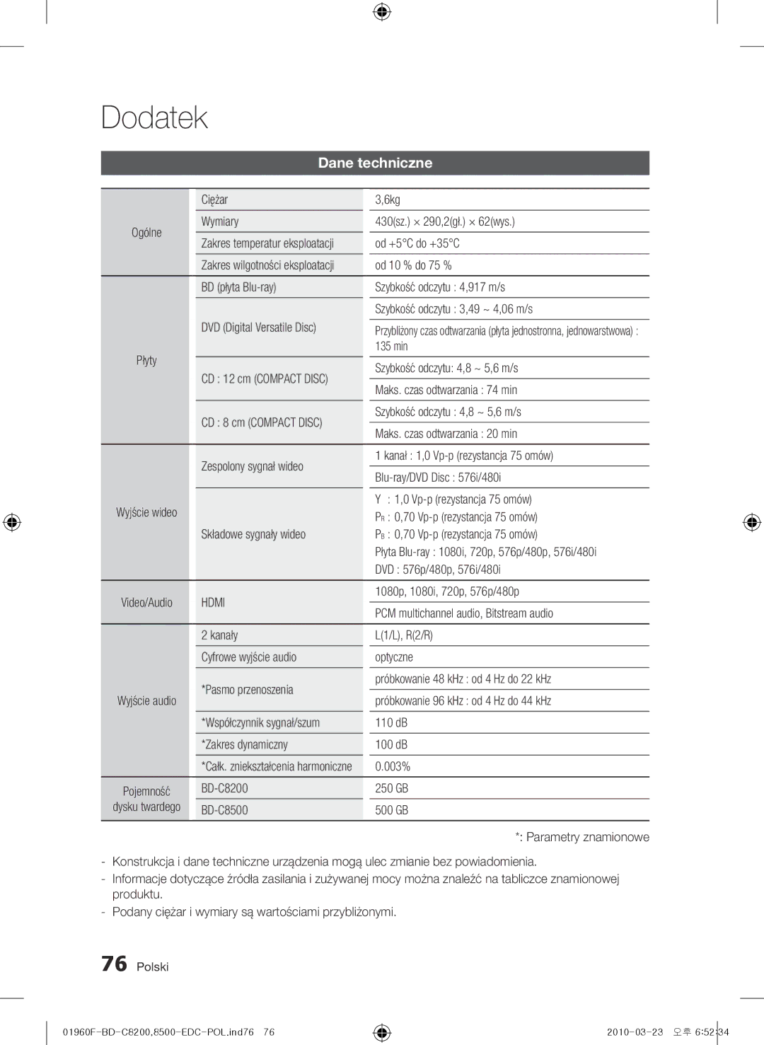 Samsung BD-C8500/XEN, BD-C8200/EDC, BD-C8500/EDC, BD-C8200/XEN, BD-C8200/XEF, BD-C8500/XEF manual Dane techniczne 