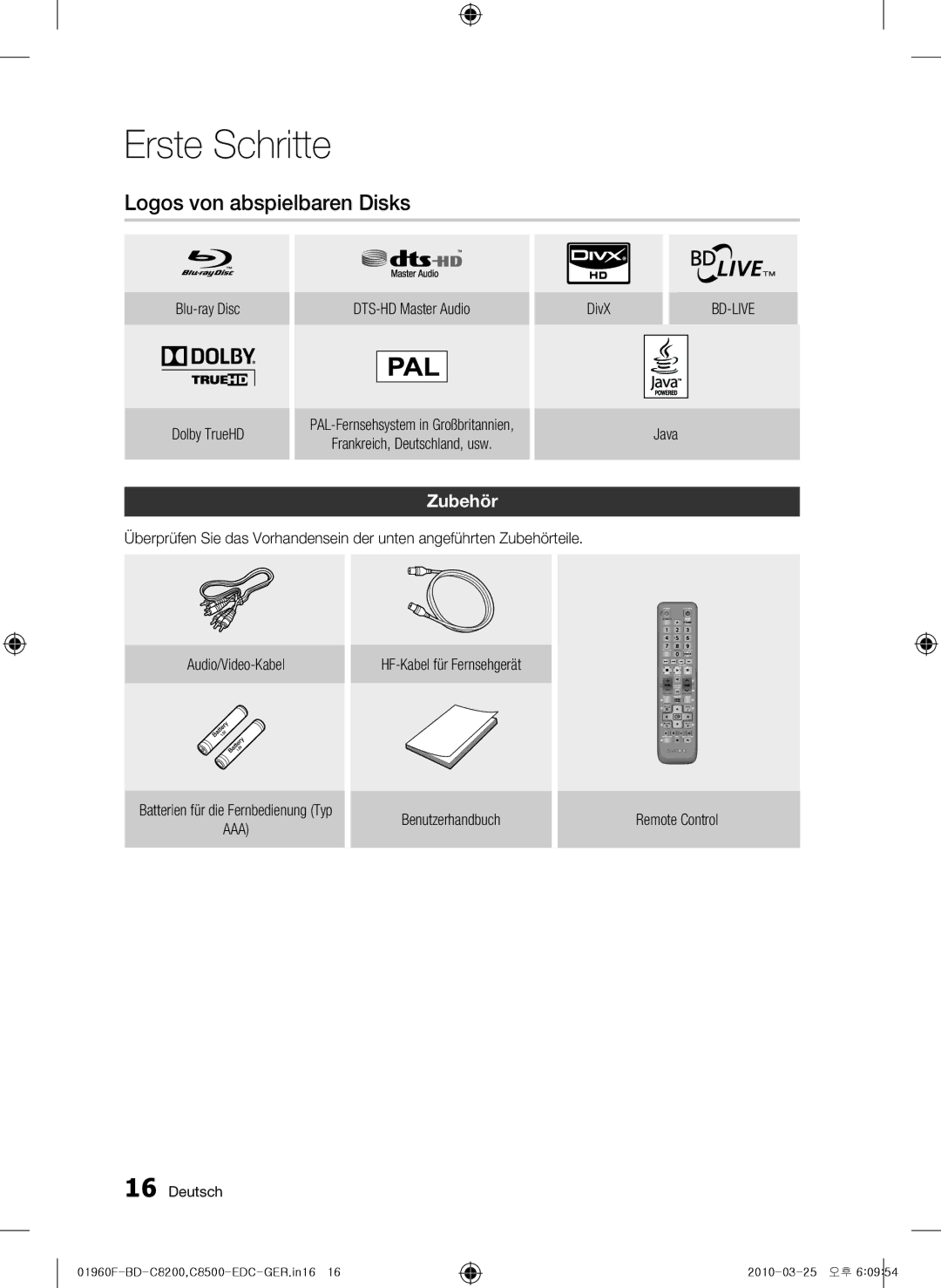 Samsung BD-C8200/XEF, BD-C8200/EDC, BD-C8500/EDC, BD-C8200/XEN, BD-C8500/XEN manual Logos von abspielbaren Disks, Zubehör, Aaa 