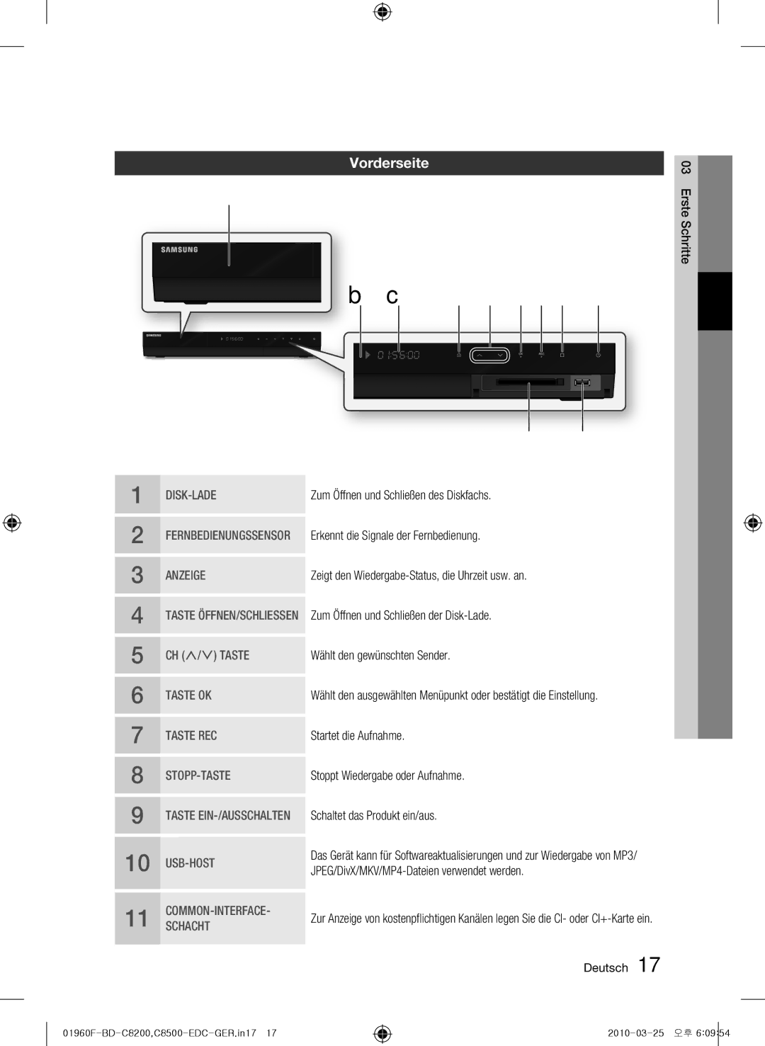 Samsung BD-C8500/XEF, BD-C8200/EDC, BD-C8500/EDC, BD-C8200/XEN, BD-C8500/XEN, BD-C8200/XEF manual Vorderseite 