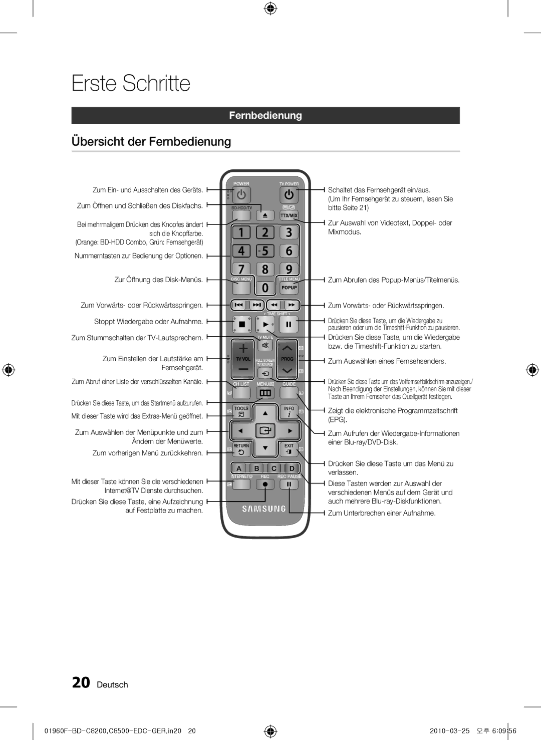 Samsung BD-C8200/XEN, BD-C8200/EDC, BD-C8500/EDC, BD-C8500/XEN, BD-C8200/XEF, BD-C8500/XEF manual Übersicht der Fernbedienung 