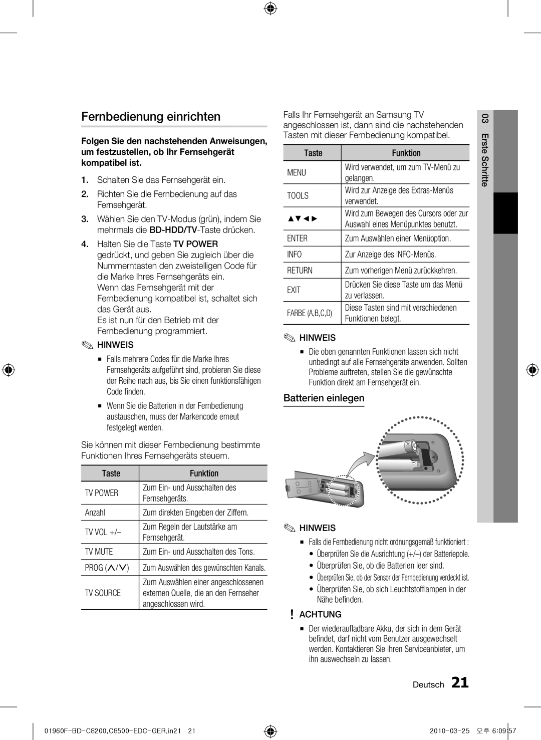 Samsung BD-C8500/XEN, BD-C8200/EDC, BD-C8500/EDC, BD-C8200/XEN, BD-C8200/XEF Fernbedienung einrichten, Batterien einlegen 