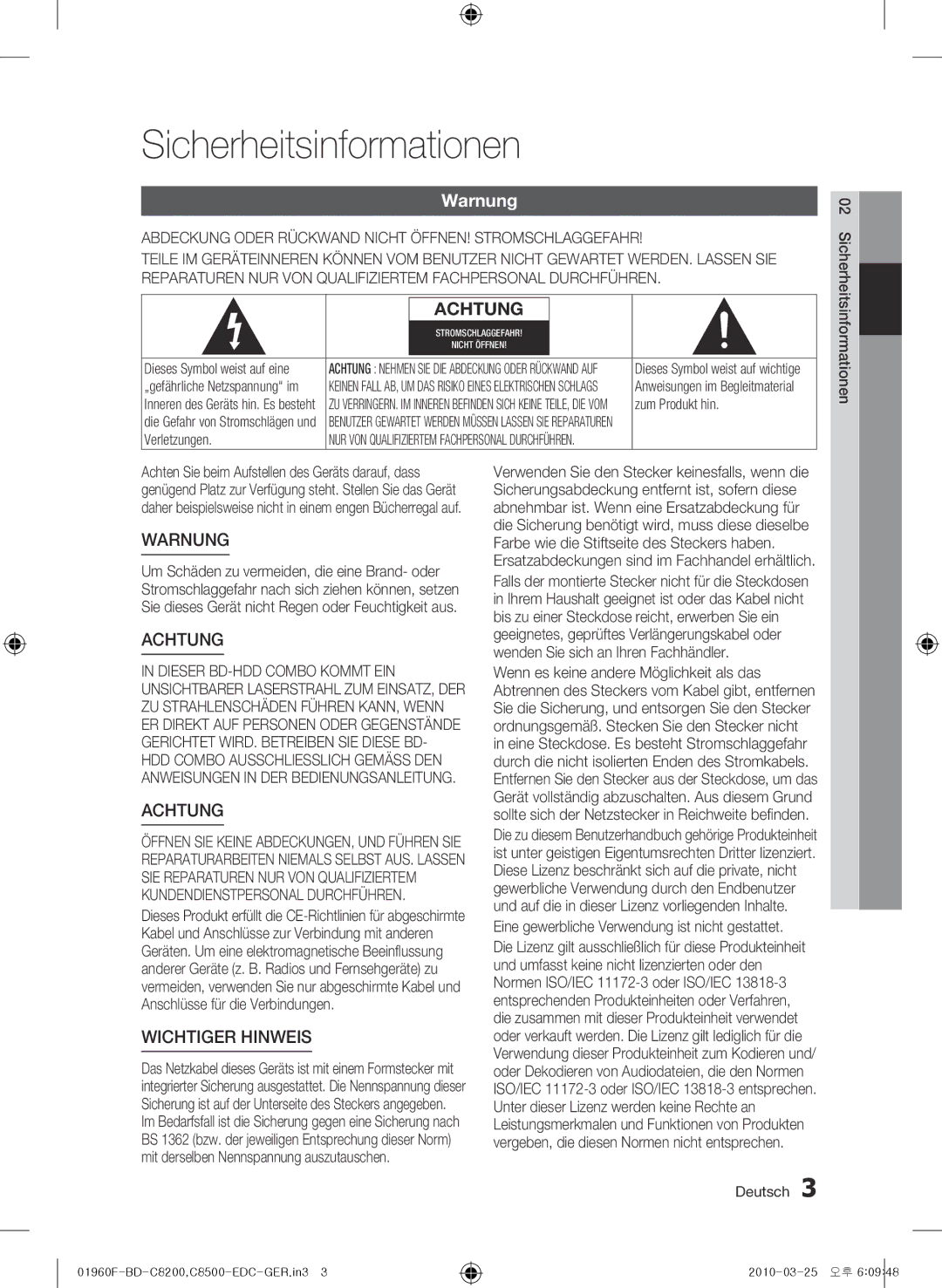 Samsung BD-C8500/XEN manual Sicherheitsinformationen, Warnung, Abdeckung Oder Rückwand Nicht ÖFFNEN! Stromschlaggefahr 