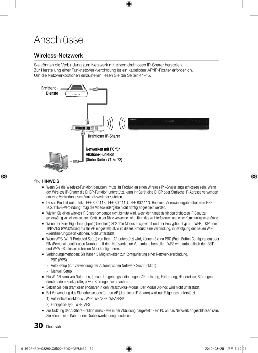 Samsung BD-C8200/EDC, BD-C8500/EDC, BD-C8200/XEN, BD-C8500/XEN, BD-C8200/XEF, BD-C8500/XEF manual Wireless-Netzwerk, Pbc Wps 