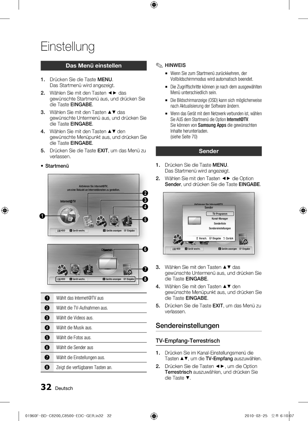 Samsung BD-C8200/XEN, BD-C8200/EDC, BD-C8500/EDC manual Sendereinstellungen, Das Menü einstellen, TV-Empfang-Terrestrisch 