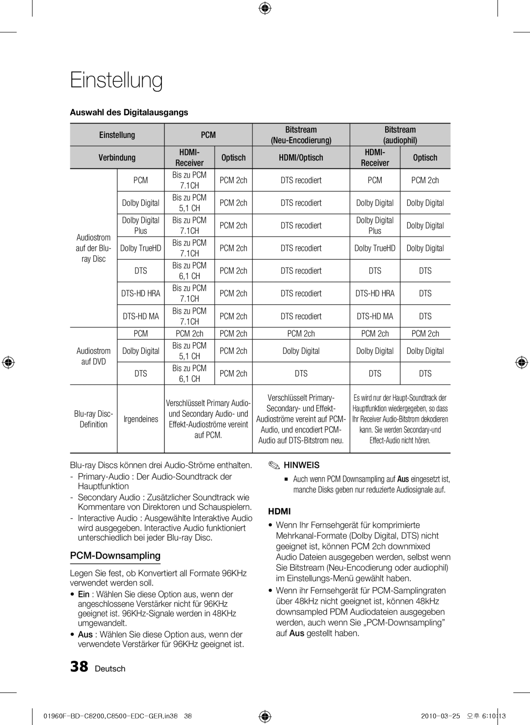 Samsung BD-C8200/XEN, BD-C8200/EDC, BD-C8500/EDC, BD-C8500/XEN, BD-C8200/XEF PCM-Downsampling, Auswahl des Digitalausgangs 