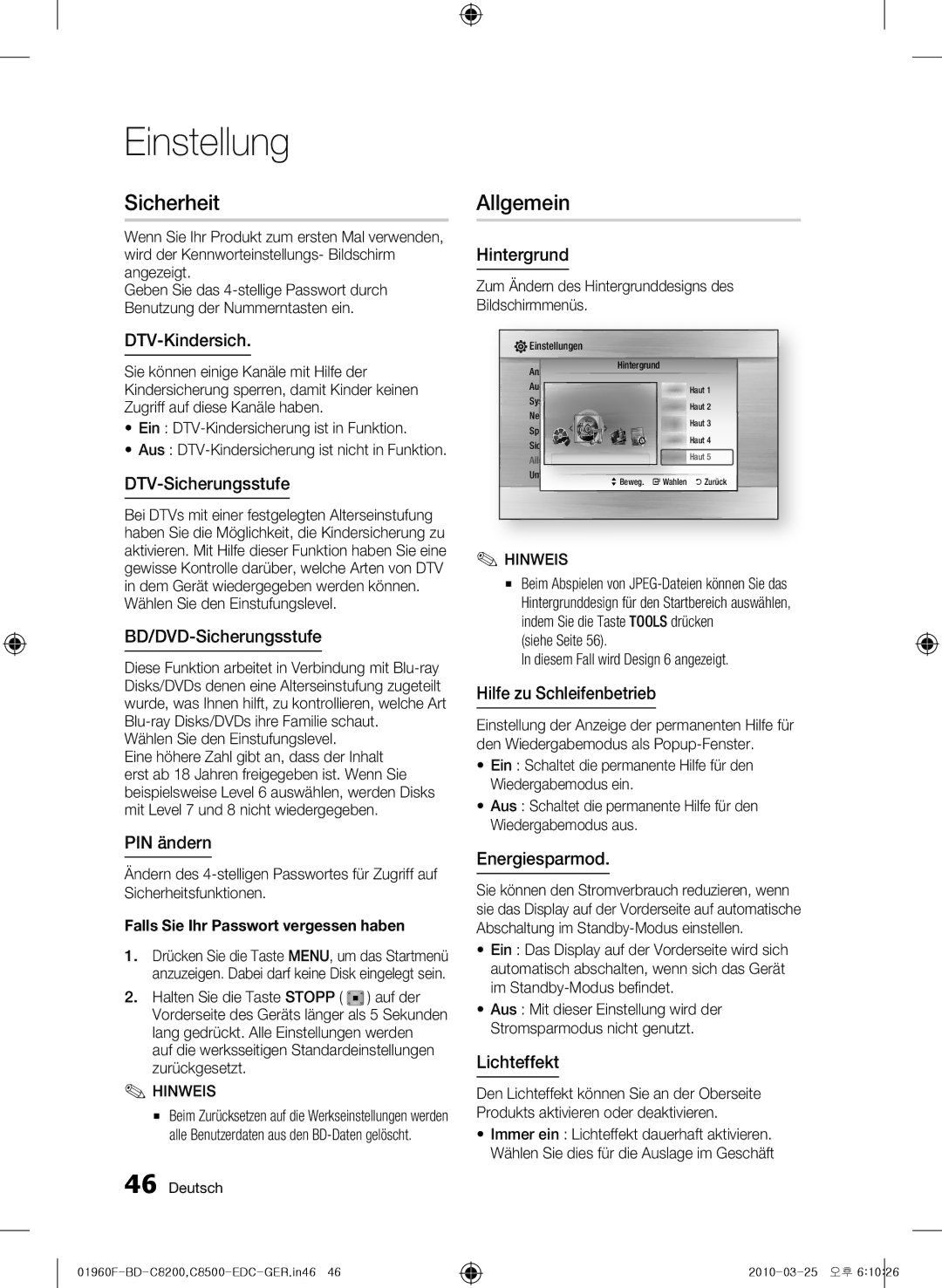 Samsung BD-C8200/XEF, BD-C8200/EDC, BD-C8500/EDC, BD-C8200/XEN, BD-C8500/XEN, BD-C8500/XEF manual Sicherheit, Allgemein 