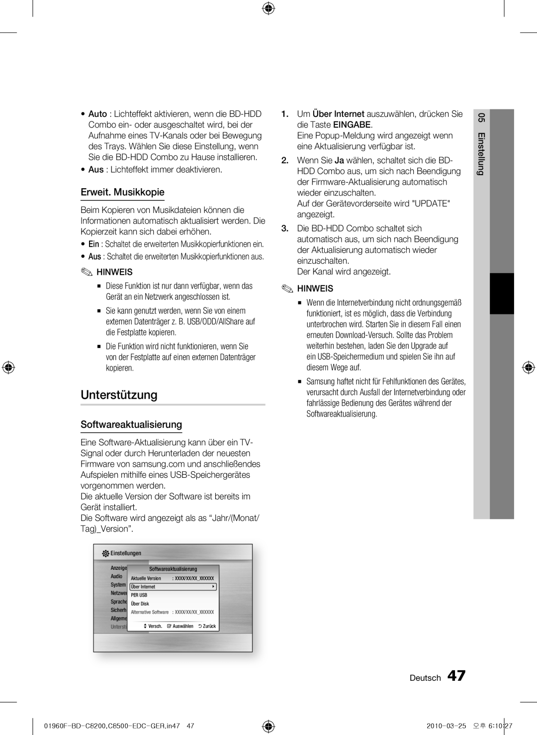 Samsung BD-C8500/XEF manual Unterstützung, Erweit. Musikkopie, Softwareaktualisierung, Aus Lichteffekt immer deaktivieren 