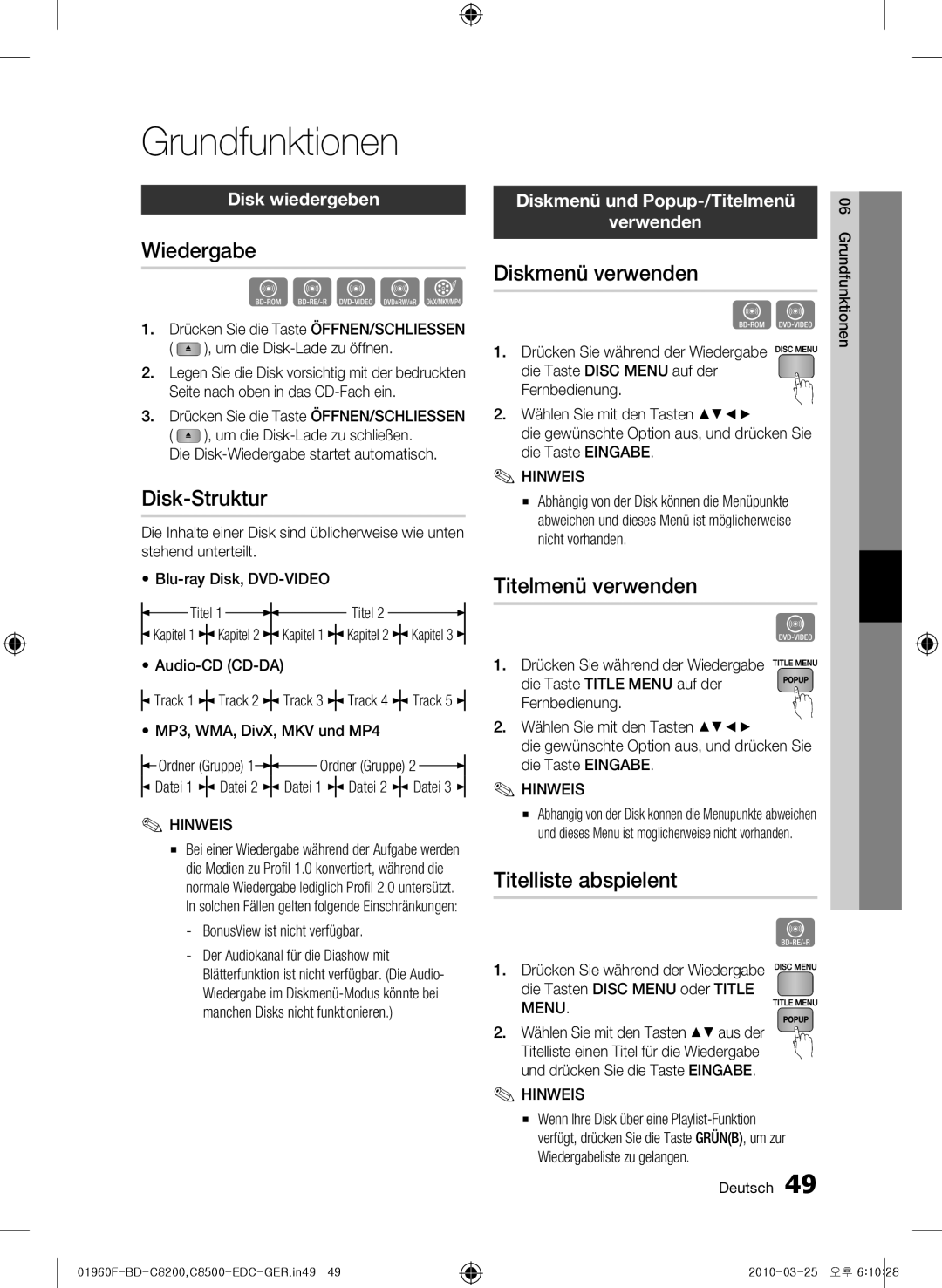 Samsung BD-C8500/EDC, BD-C8200/EDC, BD-C8200/XEN, BD-C8500/XEN, BD-C8200/XEF, BD-C8500/XEF manual Grundfunktionen 