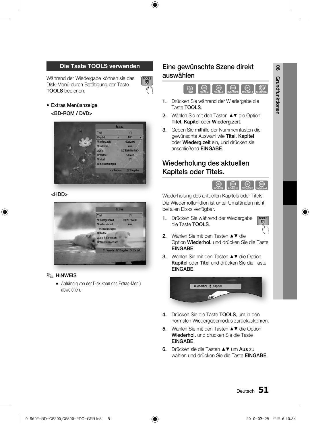 Samsung BD-C8500/XEN manual Eine gewünschte Szene direkt auswählen, Wiederholung des aktuellen Kapitels oder Titels, Hdd 