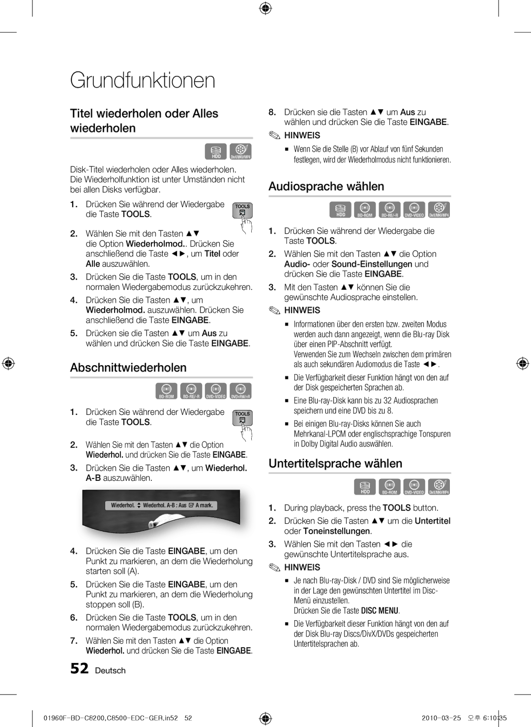 Samsung BD-C8200/XEF, BD-C8200/EDC Titel wiederholen oder Alles wiederholen, Abschnittwiederholen, Audiosprache wählen 