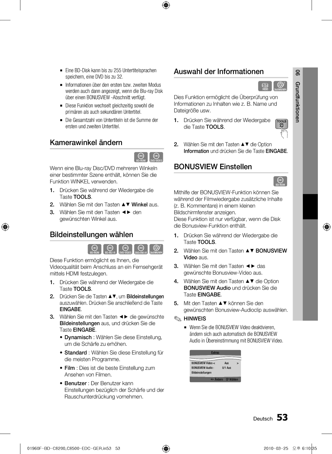 Samsung BD-C8500/XEF manual Kamerawinkel ändern, Bildeinstellungen wählen, Auswahl der Informationen, Bonusview Einstellen 