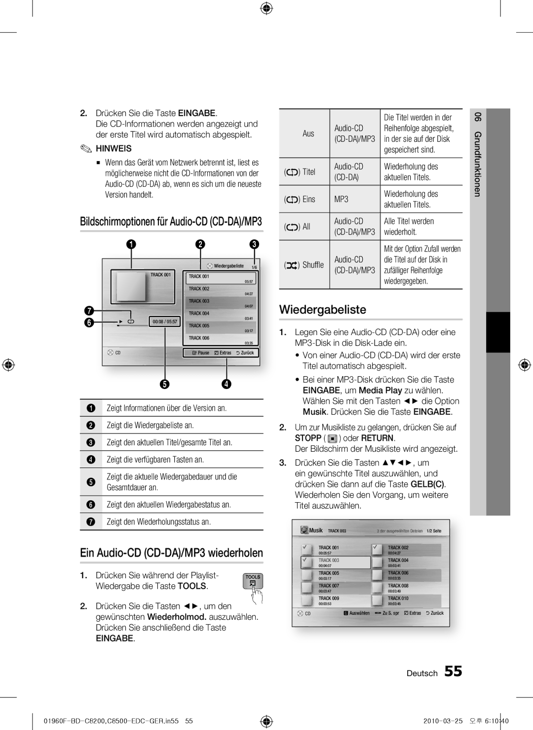 Samsung BD-C8500/EDC, BD-C8200/EDC, BD-C8200/XEN, BD-C8500/XEN, BD-C8200/XEF manual Wiedergabeliste, Cd-Da, CD-DA/MP3 