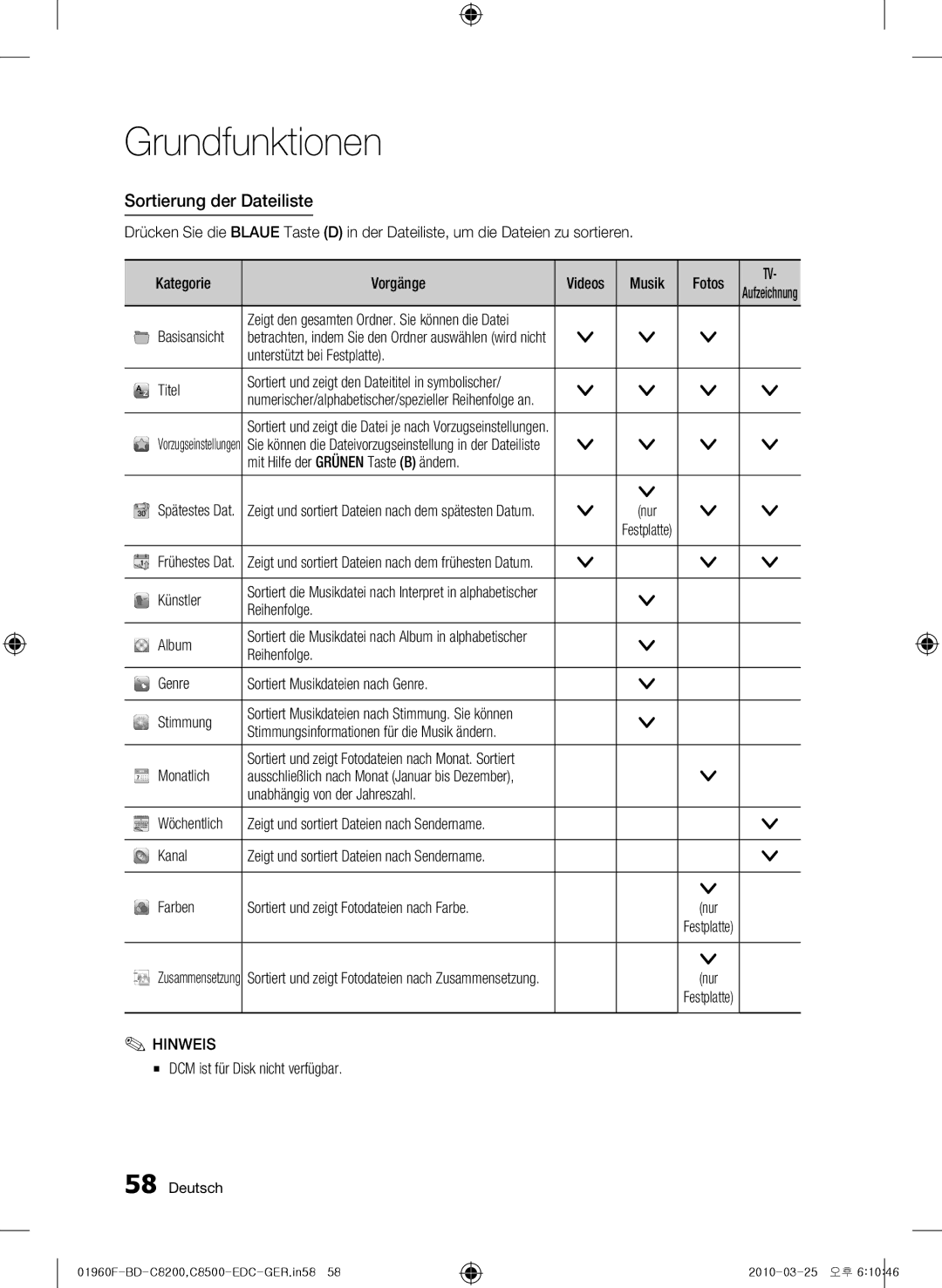 Samsung BD-C8200/XEF, BD-C8200/EDC, BD-C8500/EDC, BD-C8200/XEN, BD-C8500/XEN, BD-C8500/XEF manual Sortierung der Dateiliste 